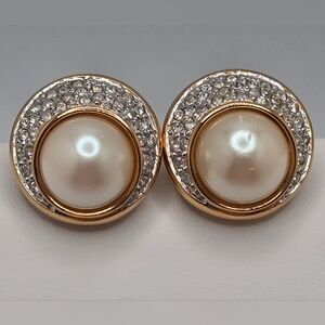 Vintage Monet Faux Pearl & Pave Crystal Clip-On Earrings Gold Tone